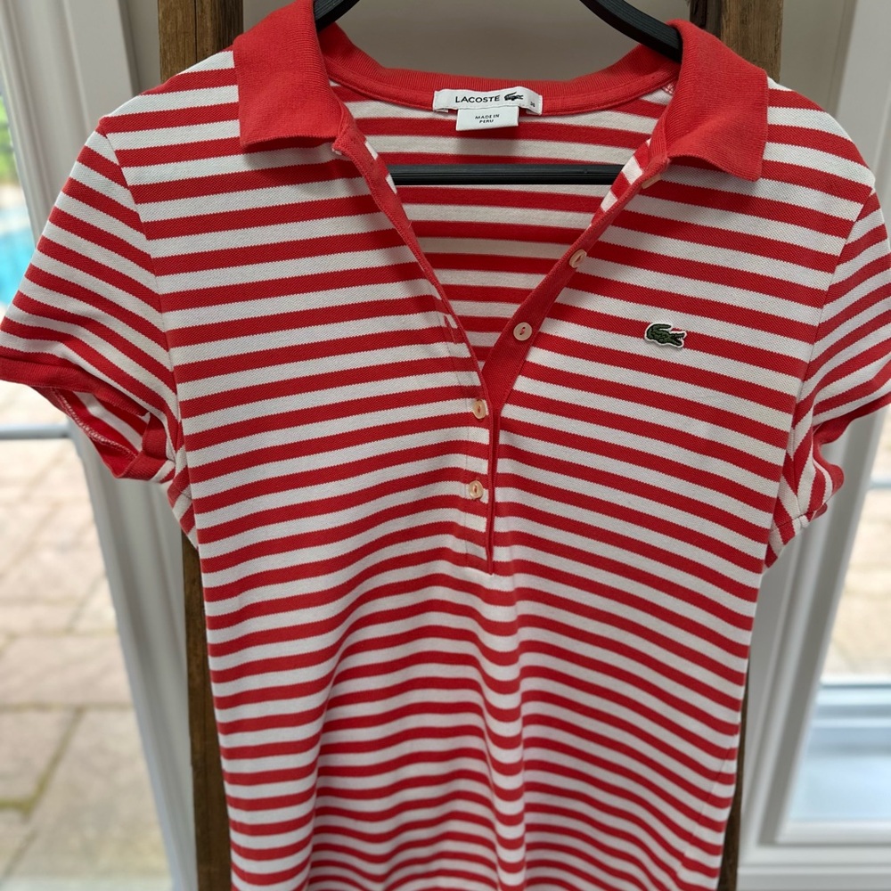 Lacoste Red and White Striped Polo Shirt Casual Sporty Top